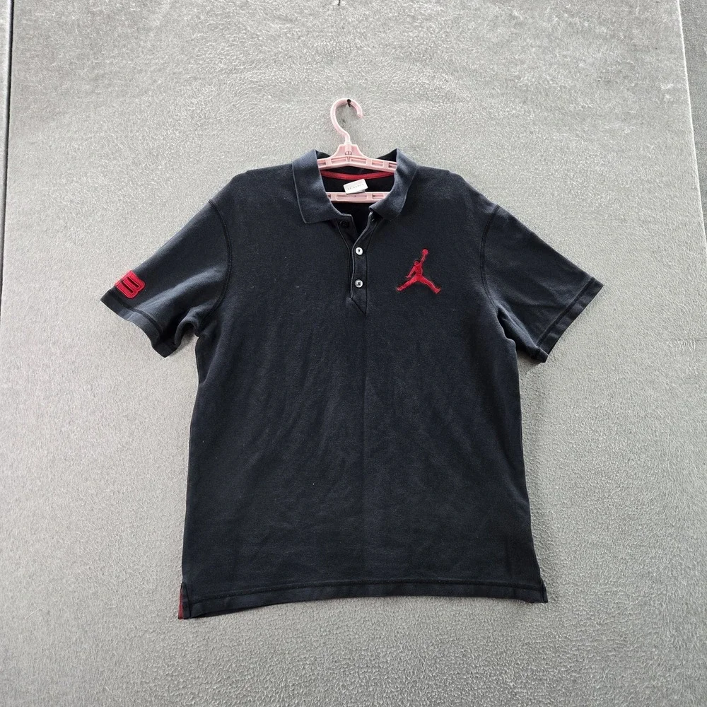 Jordan Men Polo XL Black Embroidered Big Jumpman Logo‎ Button Short Sleeve Y2K